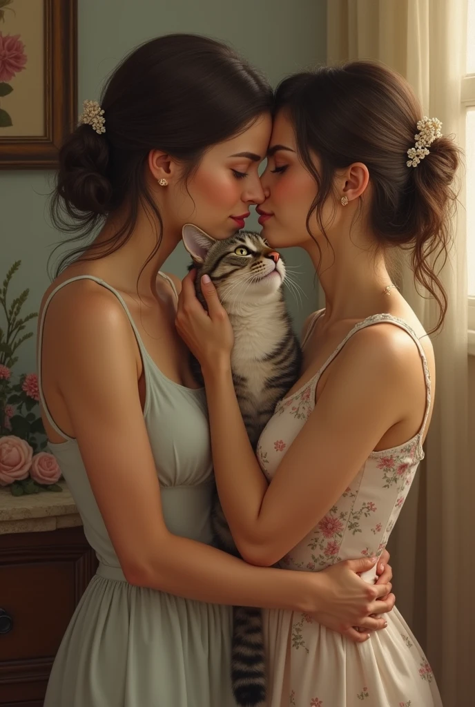 Two women kissing a cat 