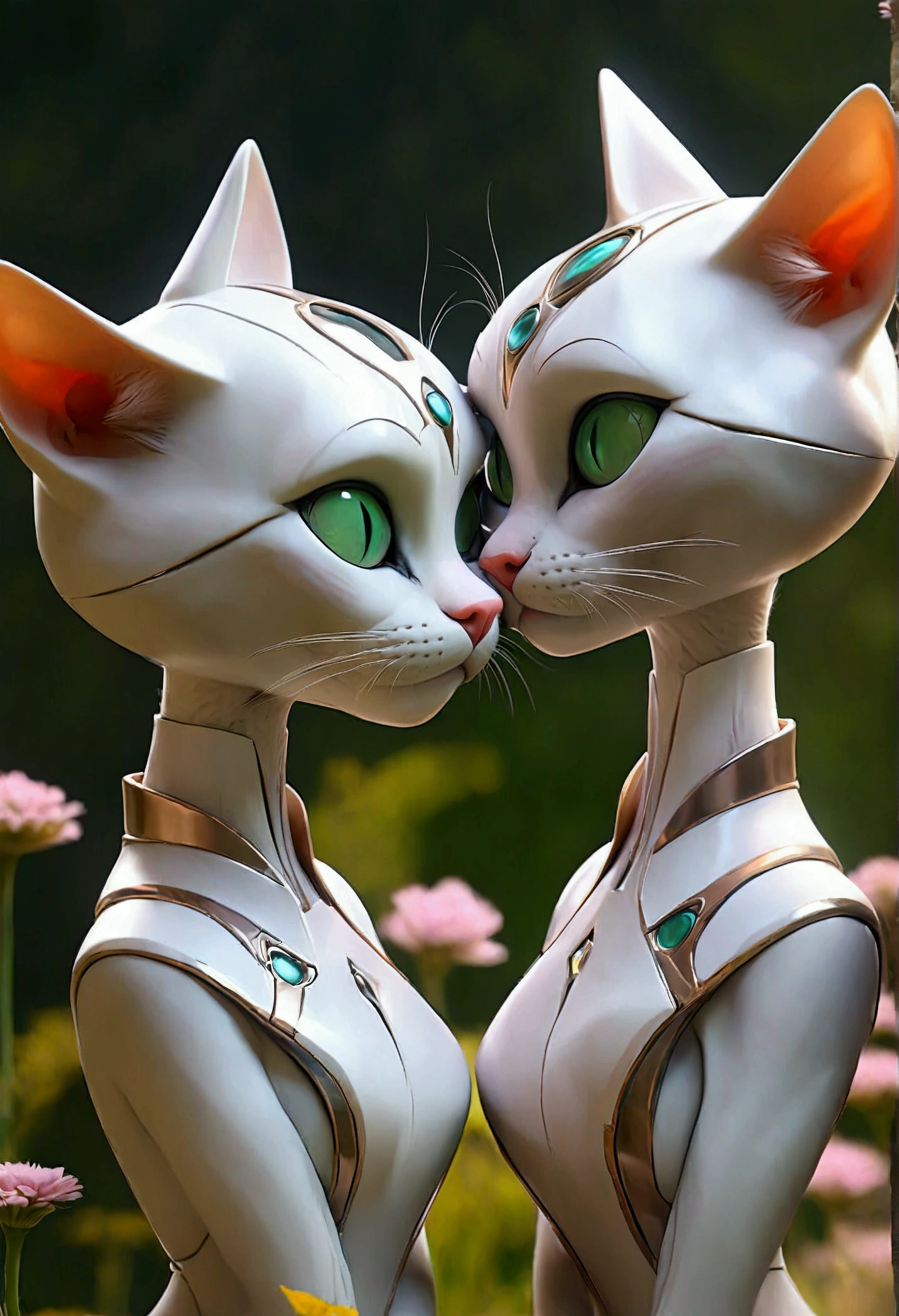 Futuristic cats kiss on forehead in nature