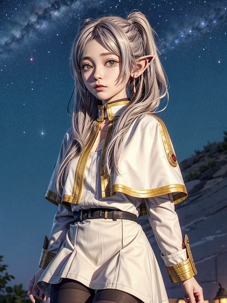One person,alone,Fairy,Gray Hair, Grey Hair, Earrings, Pointed Ears, Long Hair, ponytail, Green Eyes, Twin tails, Parted bangs, Thick eyebrows,
Capelet with collar, White capelet, Striped shirt, Long sleeve,Striped, White Skirt,
pantyhose,
Night Sky, performer, Milky Way, milky way,
 