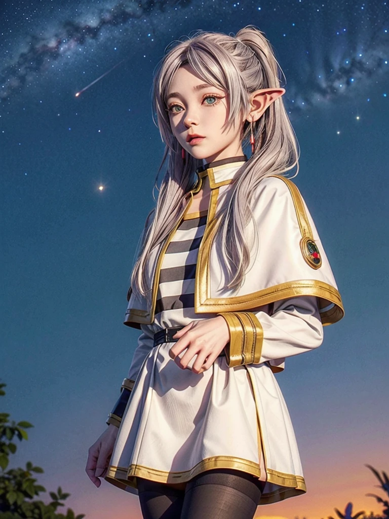 One person,alone,Fairy,Gray Hair, Grey Hair, Earrings, Pointed Ears, Long Hair, ponytail, Green Eyes, Twin tails, Parted bangs, Thick eyebrows,
Capelet with collar, White capelet, Striped shirt, Long sleeve,Striped, White Skirt,
pantyhose,
Night Sky, performer, Milky Way, milky way,
