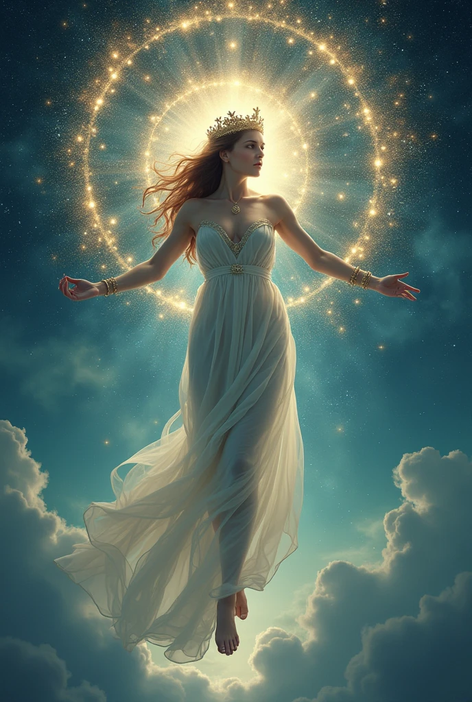 A naked woman with a spiral of stars around her body, she ascends to the sky with a crown on her head and bracelets on her hands.