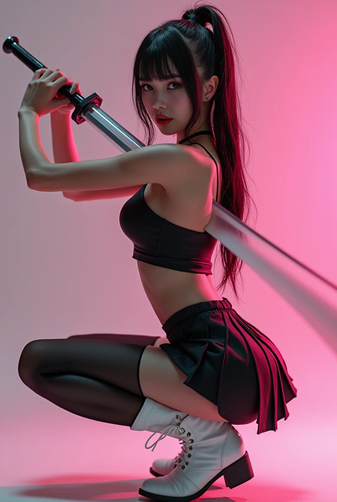 masterpiece, Best Quality, super rendering, super Realistic, High Detail Face, Clean and delicate face, whole body, Crouch and swing a long sword, gcyberpunk girl seductive pose, wearing a camisole and pleated mini skirt, bare ass, open legs, Sleeveless, black pantyhose, white short boots, glaring at the viewer, simple color background