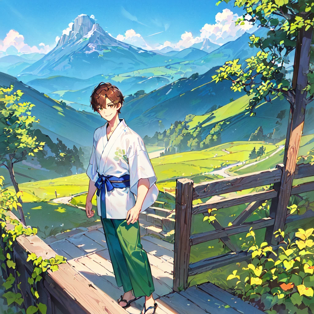 masterpiece, best quality, high quality, extremely detailed, (1 male handsome age 20 solo one: 1.5), (short short hair: 1.5), (hair color brown), (eyes yellowish green: 1.3), 8 head tall, slender nose, facial muscles, Throat, (yukata short sleeves and pants: 1.3), (standing), (dynamic pose), (smiling: 1.3), (background countryside and mountains: 1.3), (blue sky: 1.3)