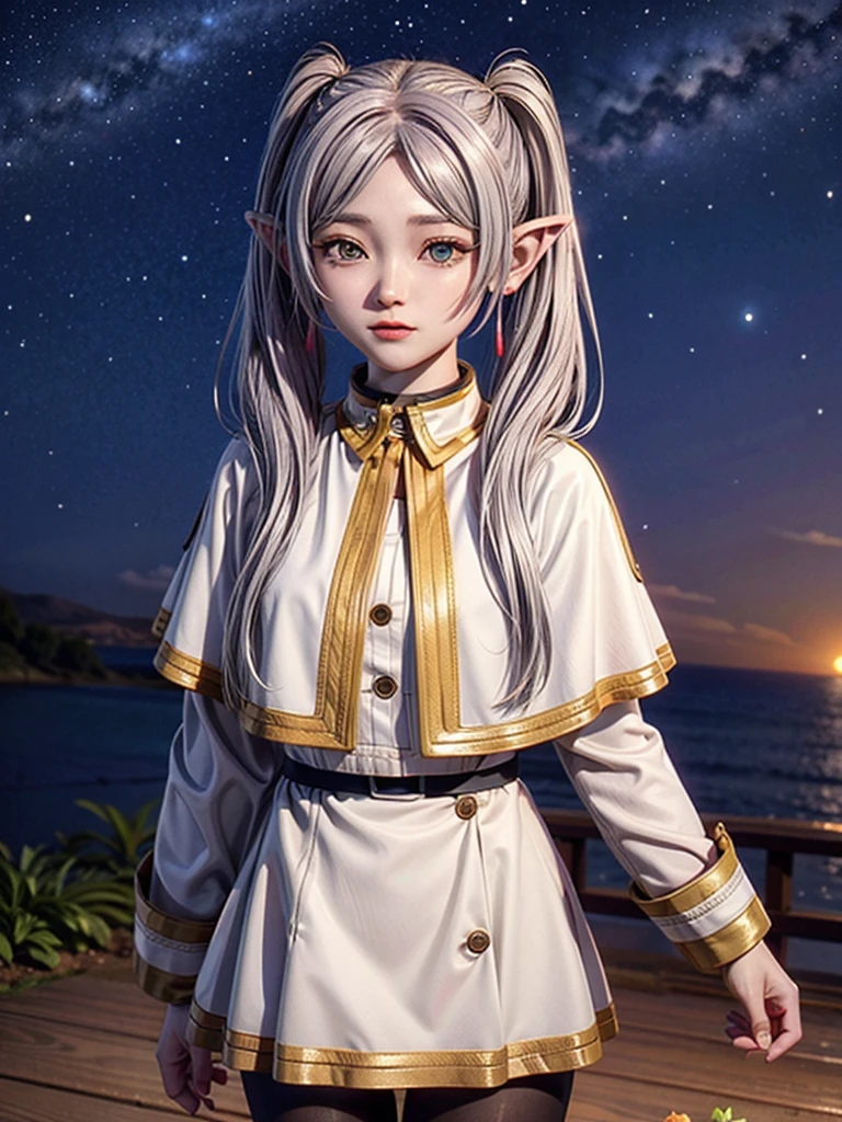 One person,alone,Fairy,Gray Hair, Grey Hair, Earrings, Pointed Ears, Long Hair, ponytail, Green Eyes, Twin tails, Parted bangs, Thick eyebrows,
Capelet with collar, White capelet, Striped shirt, Long sleeve,Striped, White Skirt,
pantyhose,
Night Sky, performer, Milky Way, milky way,
 