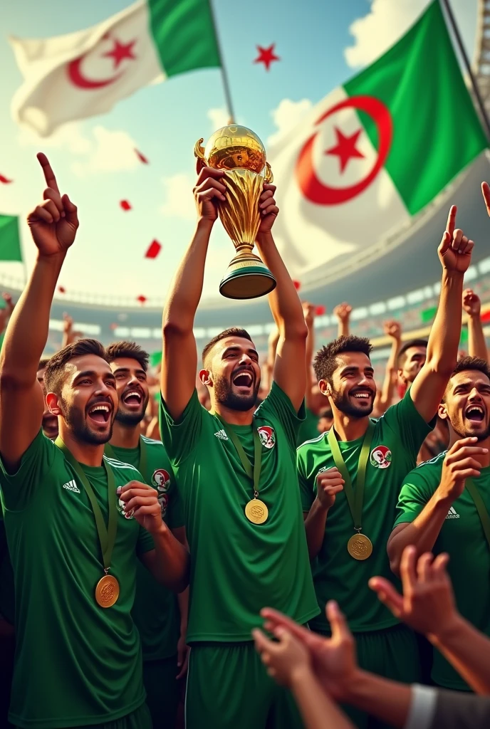 Symbol of winning the world cup or medals surrounded by players and public world champion for humanity green t-shirt of Algeria