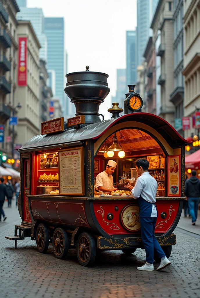 Create a train engine like food cart for momos with 2 members working inside the cart