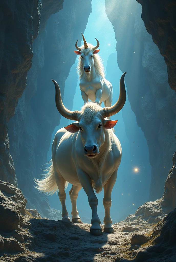 Unicorn on top of an ox in a cave in space 