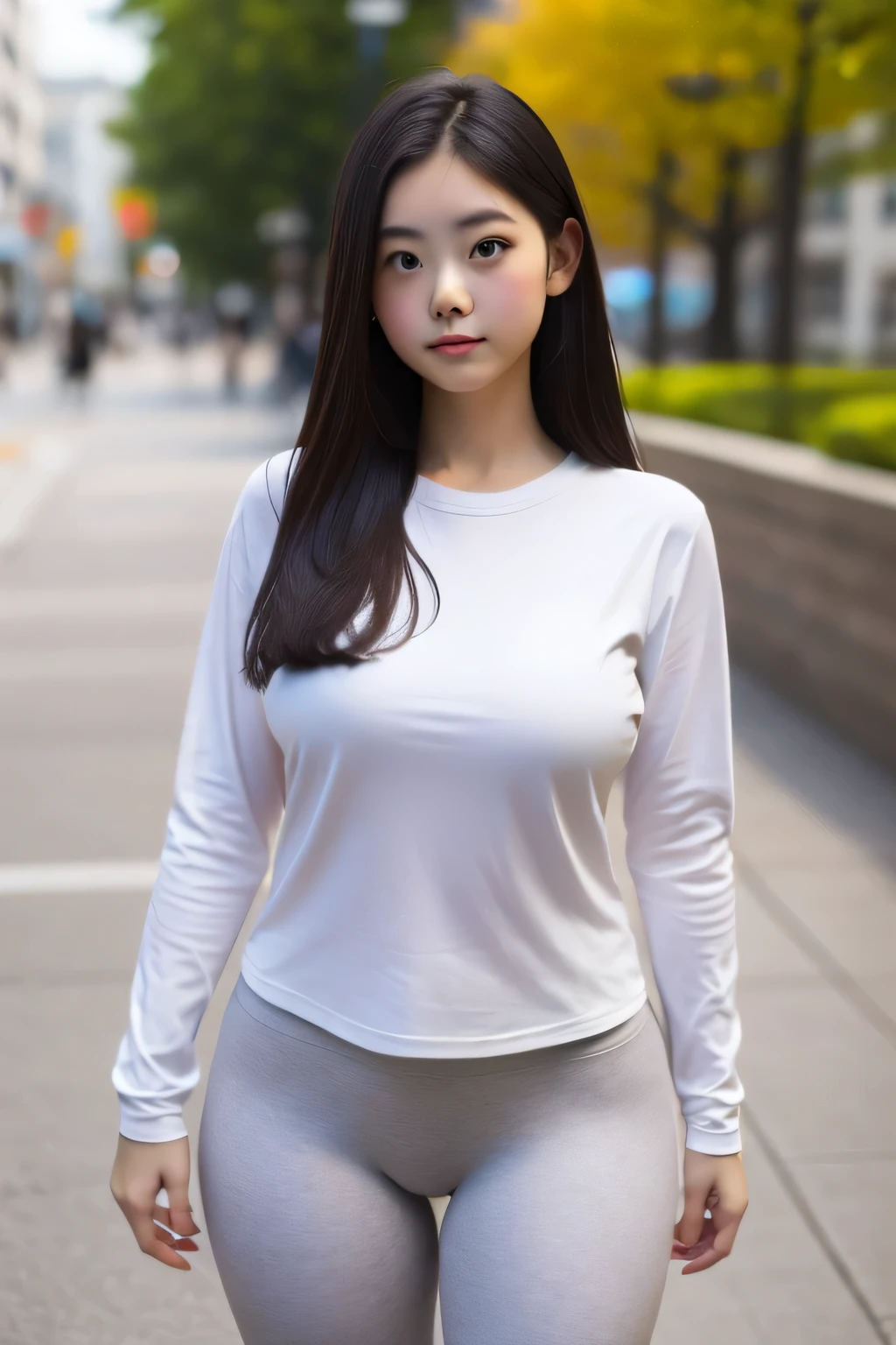 A girl standing in park, 17-years-old, one leg-split, standing split, curvy body, wearing white long sleeves long shirt and light pink leggings, Cameltoe, the contour of the breast clearly visible, saggy breast, ((Chubby:1.2)), schoolyard detail, face lighting, proportional body, proportional posture, ideal proportion of the legs, blue shoes