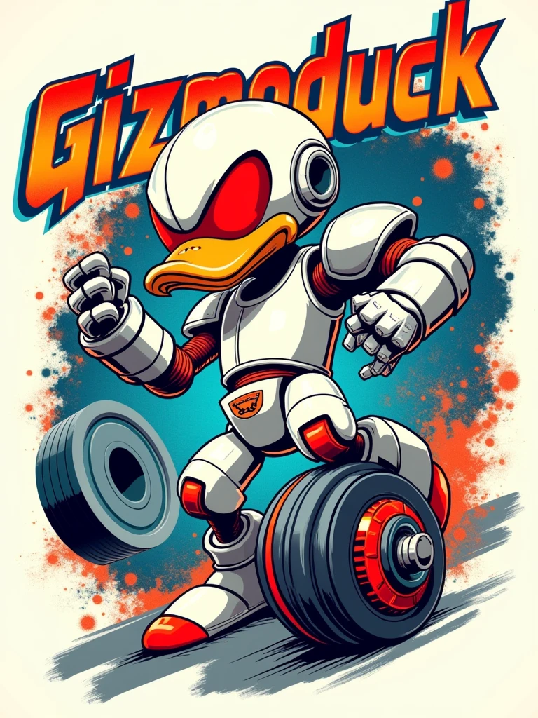 Vector t-shirt design, vintage style, with GizmoDuck in a dynamic action pose. The design features GizmoDuck in its iconic and elegant white armour with metallic lustre, the foot are replaced by a large mechanical wheel and red visor, emphasising the retro-futuristic elements. Surround the GizmoDuck with vibrating power screws and gears in comic style, symbolising high-tech speed and power. Add a distressed text effect that says 'GizmoDuck!' Bold, block letters, incorporating graphite elements and 3D rendering to add depth. The colour palette should include metallic silver, bright red and electric blue to highlight the robotic theme, with a light white background to make the design stand out. High detail, 4K resolution, vibrant and suitable for screen printing."