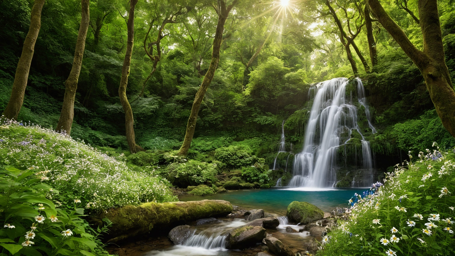 A tranquil, high-resolution image capturing the serene experience of being deep in a lush green forest. Towering emerald trees stretch towards the sky, their dense foliage creating a natural canopy. Sunlight filters through the leaves, casting dappled patterns on the forest floor. Through the gaps in the trees, a clear blue sky with fluffy white clouds is visible. In the distance, two cascading waterfalls—one large and one smaller—pour down gracefully, their white streams blending with the green surroundings. A crystal-clear stream flows gently from the base of the waterfalls, winding through a vibrant carpet of lush grass dotted with colorful wildflowers. A playful squirrel leaps across the scene while birds flutter gracefully among the trees, adding life and movement to this peaceful, nature-filled setting.