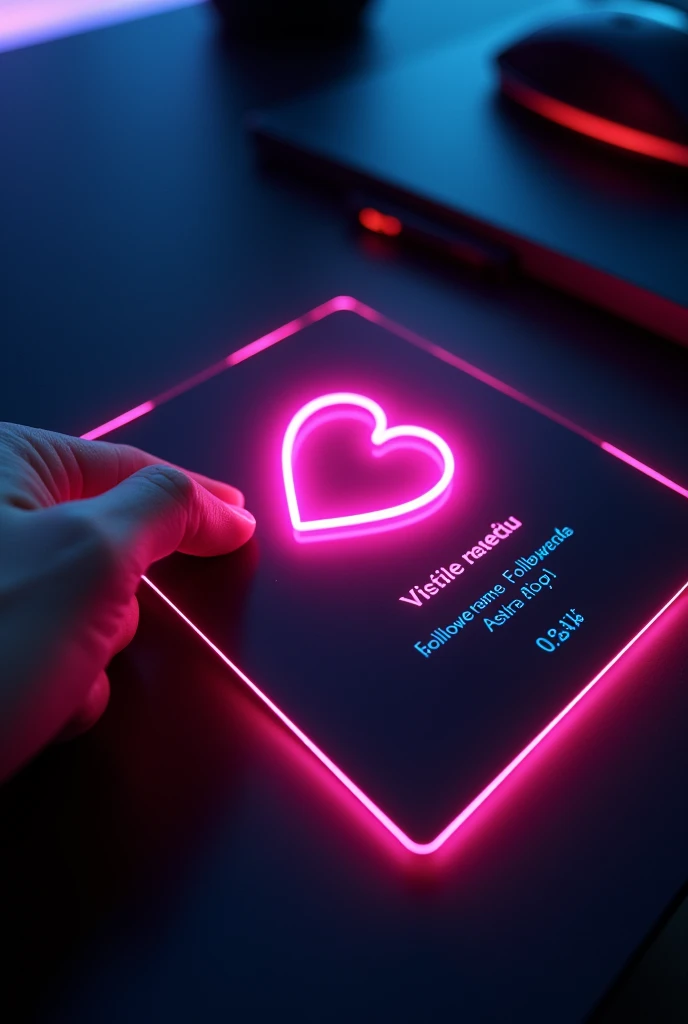 Create a instagram profile on glass id card on a Black desk displaying instagram logo and realistic profile photo of a pink heart in circle and " laxman sharma" is written in bold fonts under the profile photo and 40 Followers written, the instagram card is glowing in pink and blue color on the edge, One corner is hold on hand