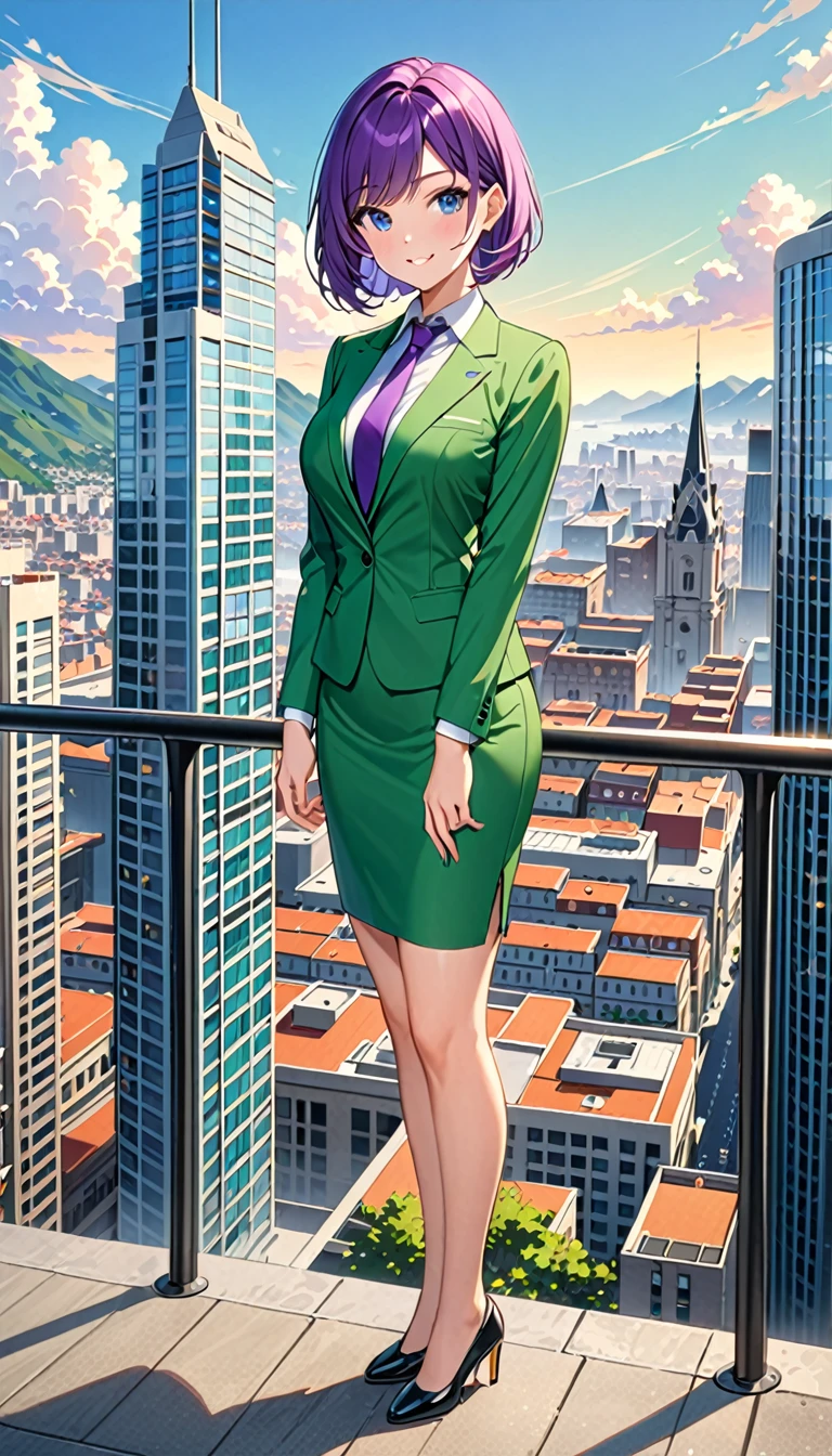 masterpiece, best quality, highres, 1girl, solo, green suit and tie, pencil skirt, miniskirt, bare legs, matching shoes, looking at viewer, city backdrop, perfect hands, perfect eyes, perfect legs, perfect arms, perfect fingers, medium breasts, standing, purple hair, short hair, bob hair, blue eyes, standing, smile, full body with costume, :d
