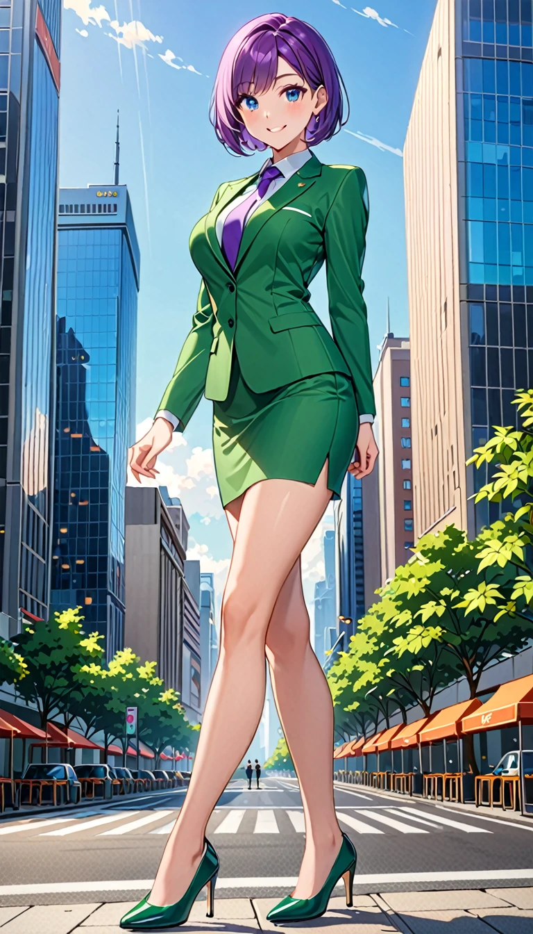 masterpiece, best quality, highres, 1girl, solo, green suit and tie, pencil skirt, miniskirt, bare legs, matching shoes, looking at viewer, city backdrop, perfect hands, perfect eyes, perfect legs, perfect arms, perfect fingers, medium breasts, standing, purple hair, short hair, bob hair, blue eyes, standing, smile, full body with costume, :d