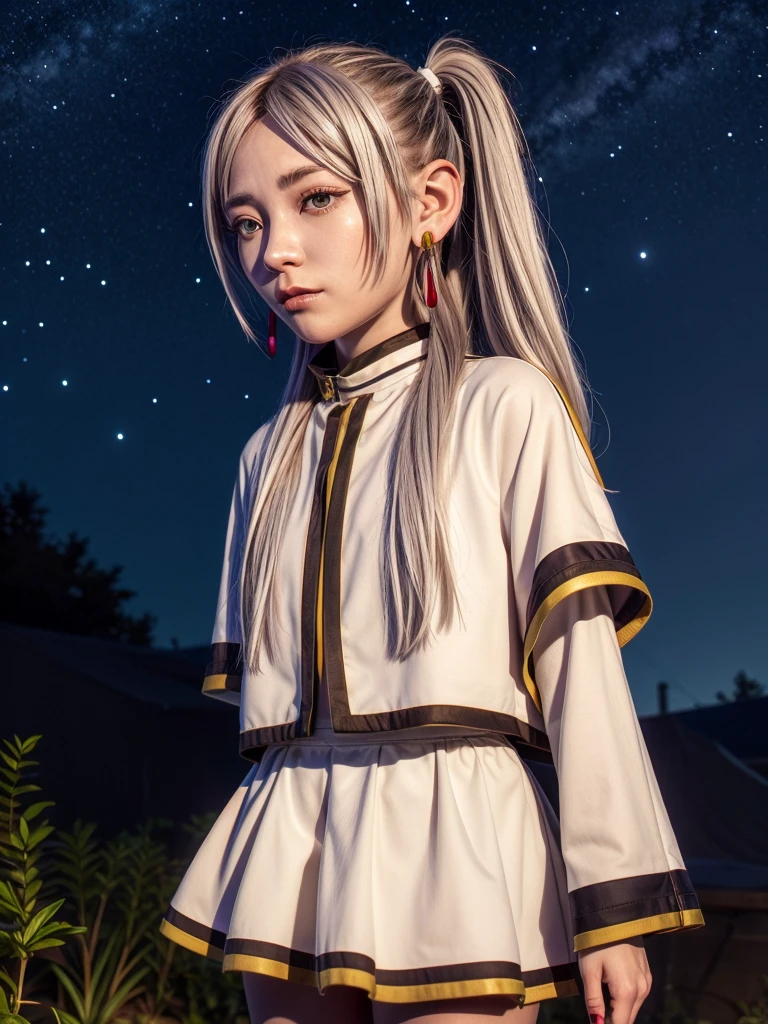 One person,alone,Fairy,Gray Hair, Grey Hair, Earrings, Pointed Ears, Long Hair, ponytail, Green Eyes, Twin tails, Parted bangs, Thick eyebrows,
Capelet with collar, White capelet, Striped shirt, Long sleeve,Striped, White Skirt,
pantyhose,
Night Sky, performer, Milky Way, milky way,
 