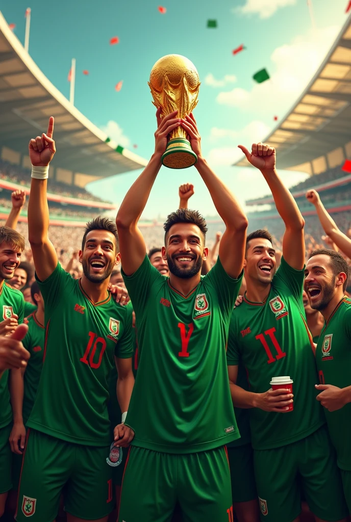 Symbol of winning the world cup or medals surrounded by players and public world champion for humanity green t-shirt of Algeria