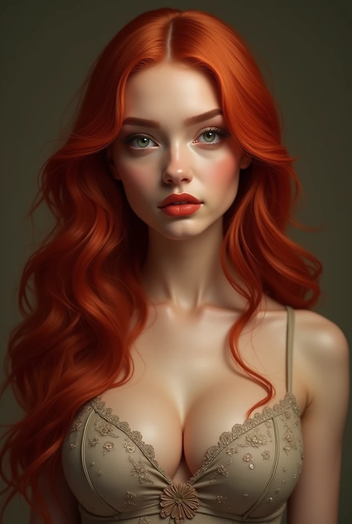 a woman with Light red hair down to the waist, very fair skin, realistic shaded perfect body, long red hair and large green eyes, beautiful girl, woman, art 4 k, realistic digital art 4k, bimbo body, Perfect nose, full lips, flawless makeup, eye shadow makeup, (big massive breasts) cum on face, cum on breasts