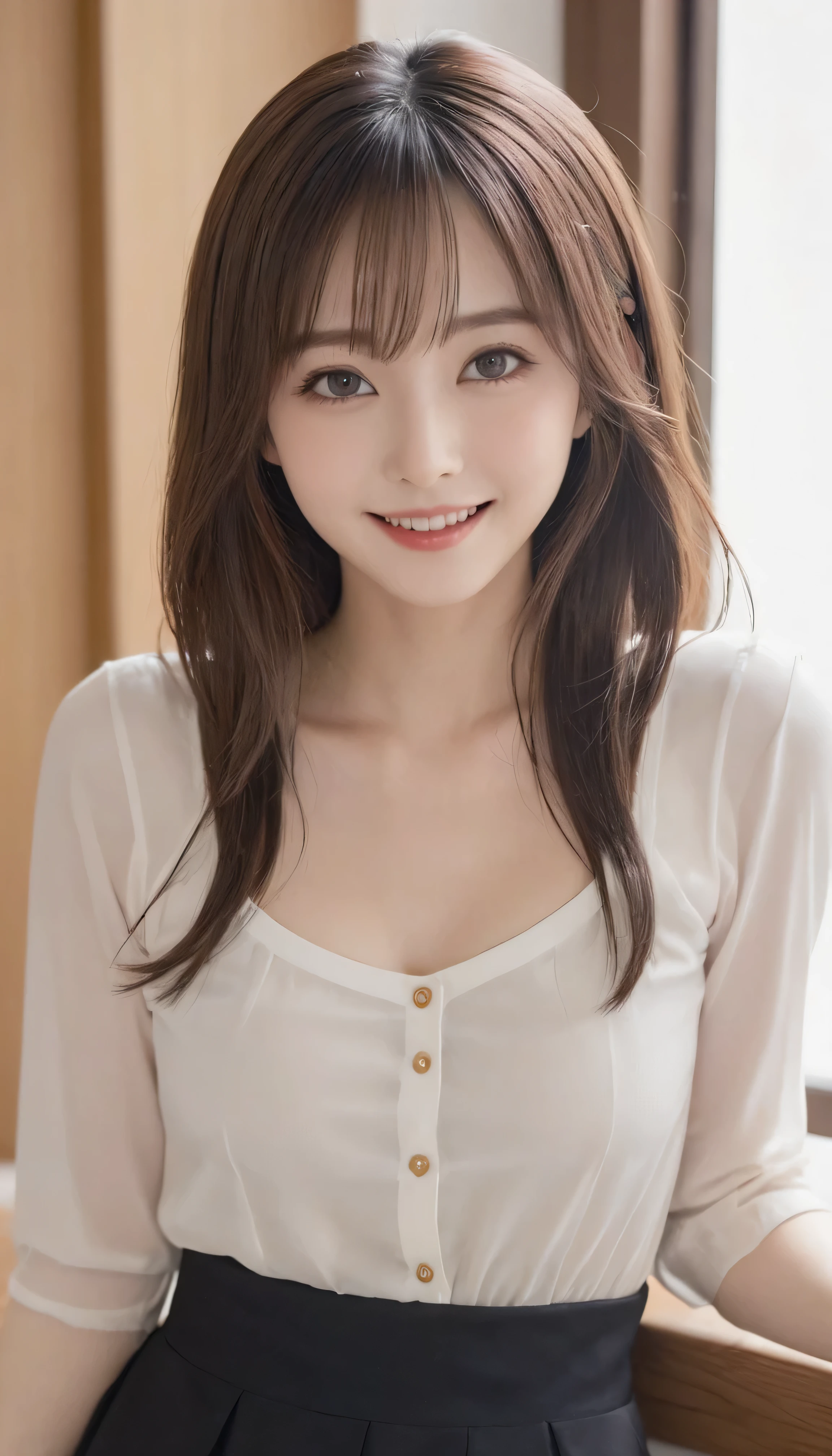 Tabletop, Highest quality, shape, Very detailed, finely, High resolution, 8k wallpaper, Perfect dynamic composition, Finely beautiful eyes,Medium Hair,Natural color lip, smile,2、cute、Looking into the camera、F cup、Brown Hair、Belly button