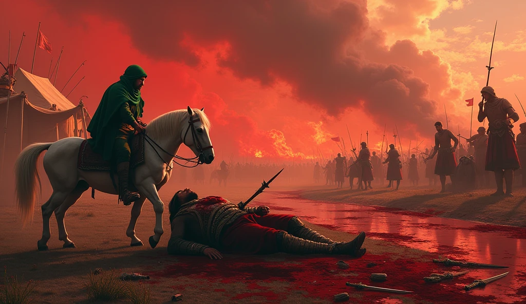 A white injured horse , blody background, arrows raining everywhere, fire on tents, a injuried men which wear green suit