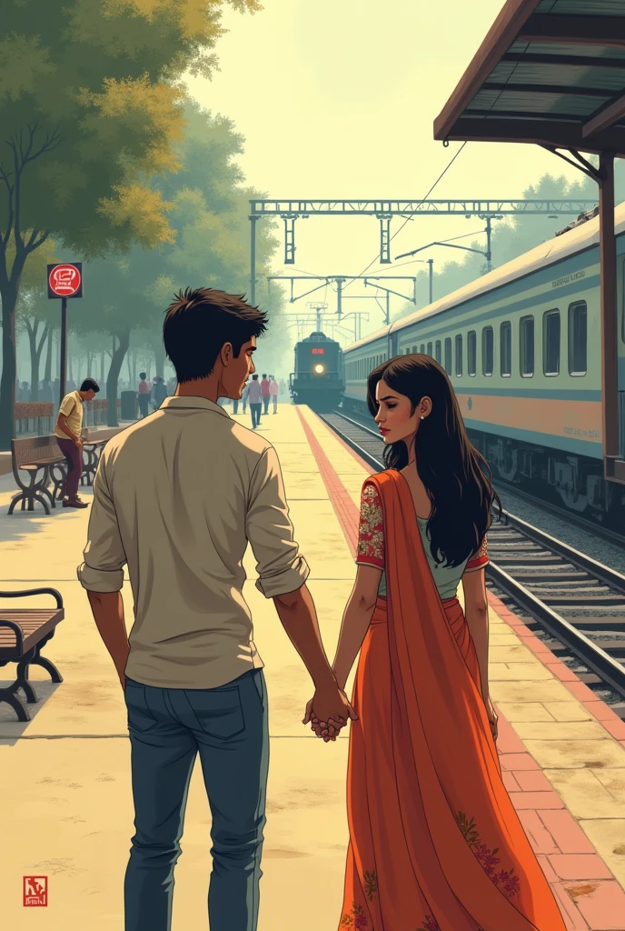 Create a Indian cartoon character of The couple standing at a train station, holding hands as they reluctantly part ways. She is dressed in a simple salwar kameez, and he in a casual outfit. The train in the background signifies their separation, with the mood heavy and emotional..Create a Indian cartoon character