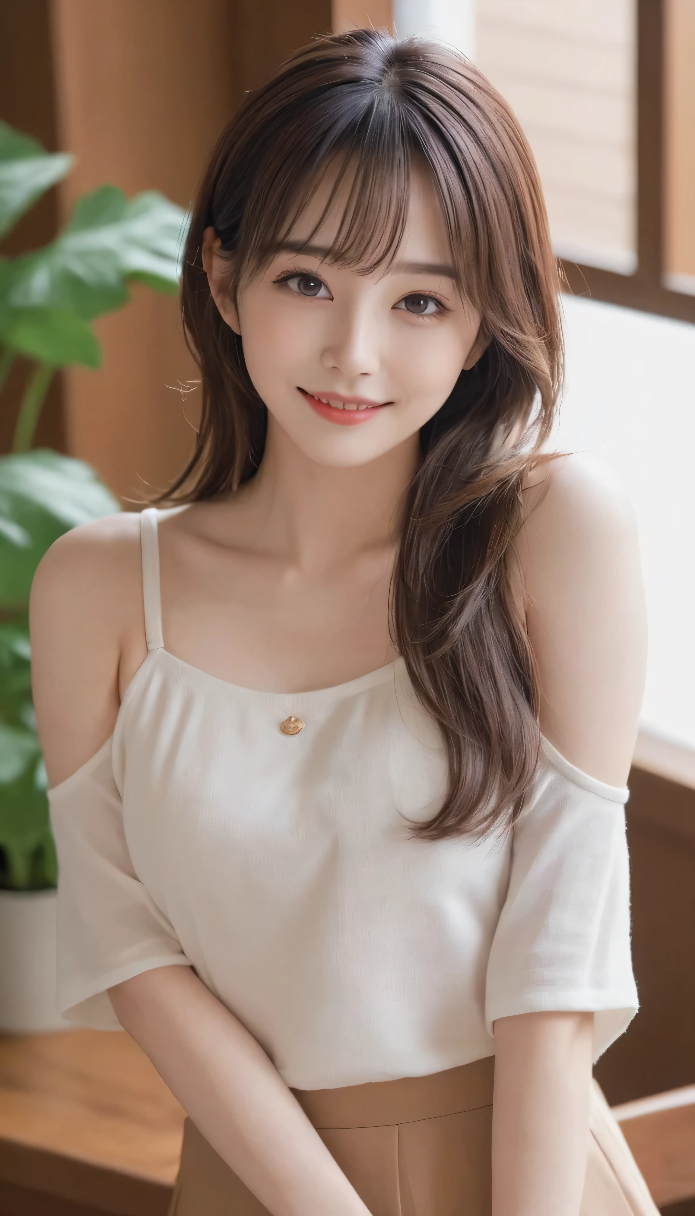 Tabletop, Highest quality, shape, Very detailed, finely, High resolution, 8k wallpaper, Perfect dynamic composition, Finely beautiful eyes,Medium Hair,Natural color lip, smile,2、cute、Looking into the camera、F cup、Brown Hair、Belly button