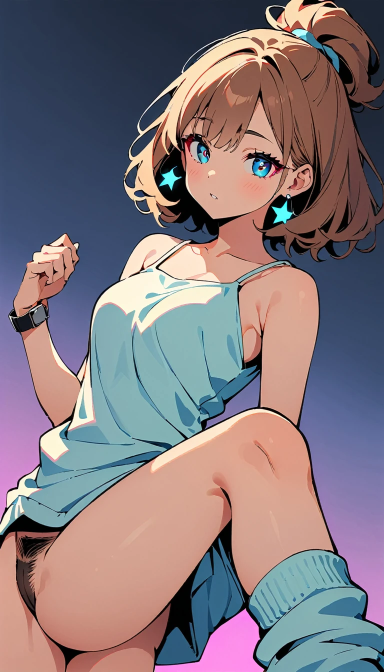 (High quality, 8k, 4K, High Contrast, masterpiece:1.2, 最high quality, Best aesthetics), (Dynamic Angle), ((1 female )), ((Plain and bright background)), ((Flat Color)), (Grey lace camisole), (The lower half is naked),((black and thin pubic hair)),(Female genitals in full view), Having sex, Looking at the audience, Upper Body, Transparent Background, (Cool look), Sleepy eyes, High Contrast, Contrasting colors, , Pale pink and blue lighting, ((Medium Hair)) , (Tied Hair), Brown Hair, Red eyes, Small star-shaped earrings in both ears, apple watch, bright eyeshadow, loose socks