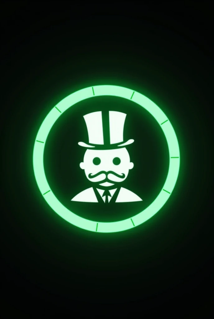 Generate an image of a sticker inspired by the Bat-Signal, but with a Monopoly theme. Instead of the Batman symbol, it uses the iconic Monopoly logo (the man with the hat and the monocle) inside the lighted circle. The background must be black, and the logo must be white and prominent. It includes a green border characteristic of the Monopoly game and adds a touch of elegance to the design, as if it were an official emblem of the game
