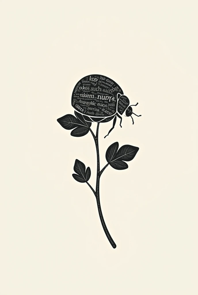 minimalist art, a ladybug on top of a clover the ladybug is made up of words (luck in different languages) of different opacity of black and gray