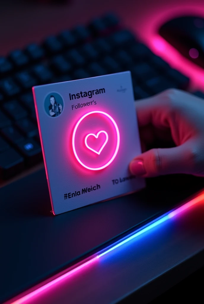 Create a instagram profile on glass id card on a Black desk displaying instagram logo and realistic profile photo of a pink heart in circle and " laxman sharma" is written in bold fonts under the profile photo and 40 Followers written, the instagram card is glowing in pink and blue color on the edge, One corner is hold on hand 