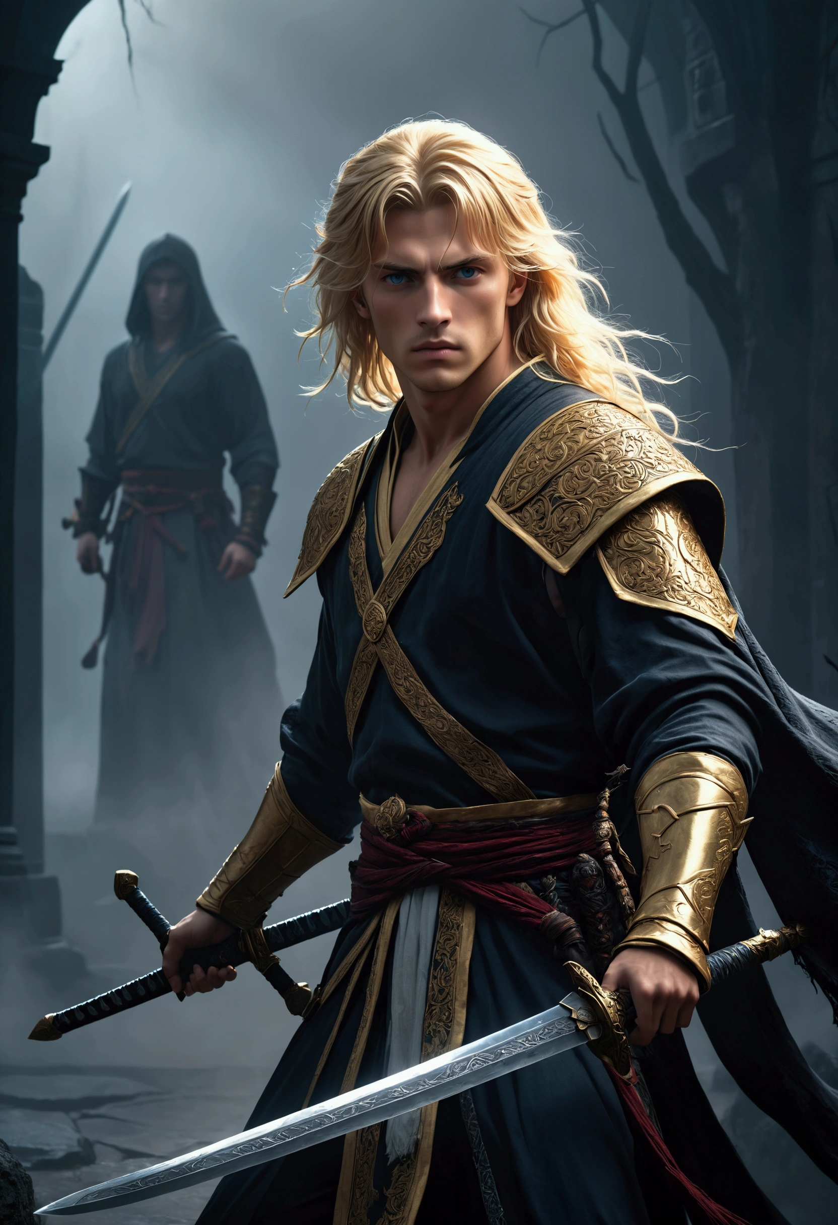 a young blonde-haired male european warrior,traditional eastern attire,large sword,powers of death,shadowy entity,dark misty environment,(best quality,4k,8k,highres,masterpiece:1.2),ultra-detailed,(realistic,photorealistic,photo-realistic:1.37),dramatic lighting,cinematic composition,intricate details,hyper realistic,dark fantasy,epic fantasy,moody atmosphere,dramatic shadows