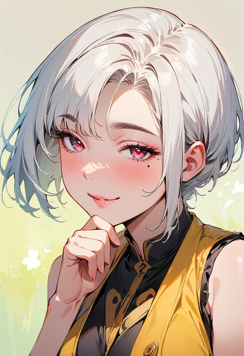 (masterpiece, best quality:1.4), 1 girl, 独奏, Heart-shaped pupils, Blurred eyes, Close your left eye, Smile, Profile,45° head tilt, Chin on hand, Right tear mole, (Asymmetrical long and short hairstyle:1.2), large breasts, Mini Girls, Vest, Black and white gradient background.