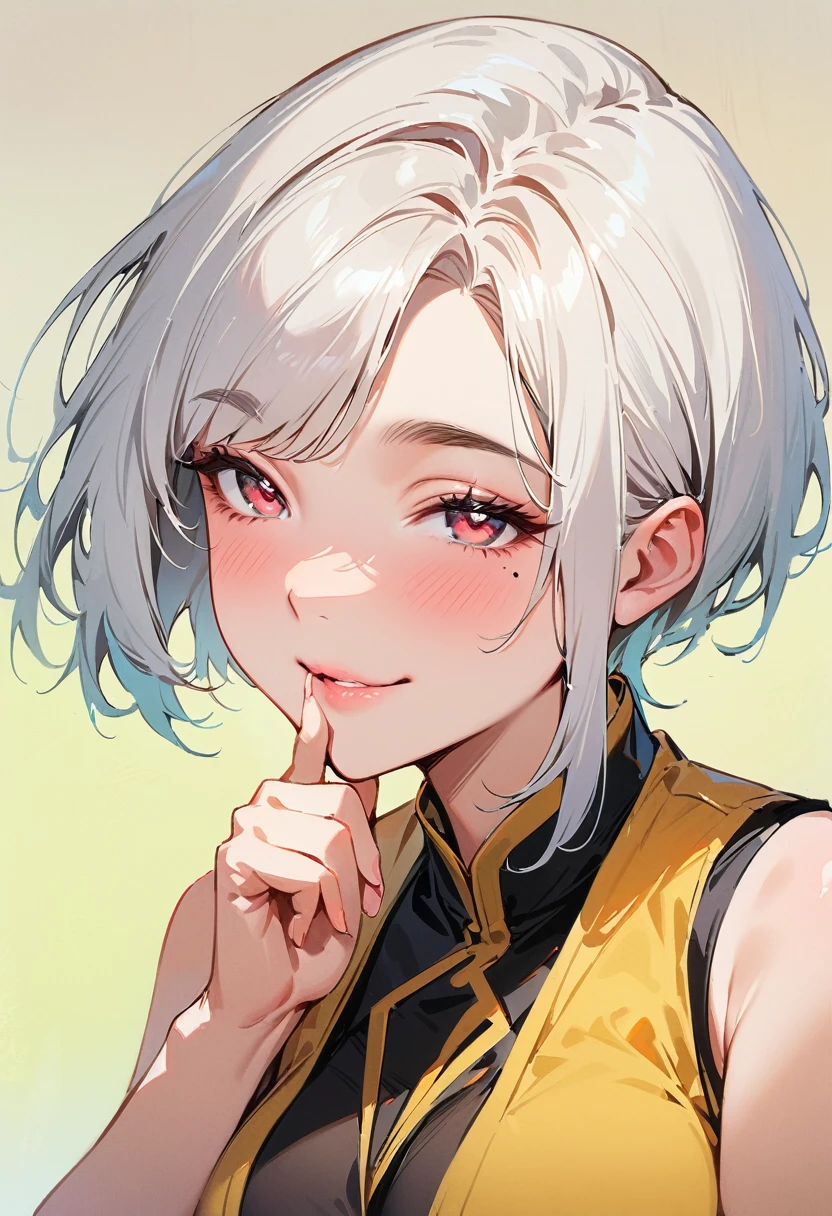 (masterpiece, best quality:1.4), 1 girl, 独奏, Heart-shaped pupils, Blurred eyes, Close your left eye, Smile, Profile,45° head tilt, Chin on hand, Right tear mole, (Asymmetrical long and short hairstyle:1.2),  large breasts, Mini Girls, Vest, Black and white gradient background.