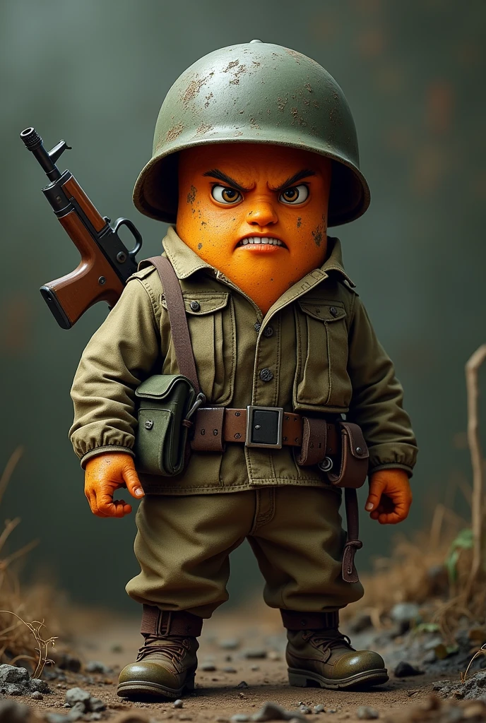 "Create a realistic logo featuring a sweet potato character as a WWII soldier in full battle gear. The sweet potato should be depicted with high attention to detail, wearing a realistically worn WWII military uniform, including a slightly damaged field jacket, trousers, and a helmet with authentic battle wear. Equip the character with a WWII-era firearm, such as a realistic M1 Garand rifle or a Thompson submachine gun, showing detailed wear and tear. The sweet potato's expression should be intensely fierce and grim, with a determined look in its eyes, reflecting a sense of urgency and raw emotion. Incorporate realistic battle damage on the uniform and helmet, such as scratches, dirt, and grime, to enhance the authenticity. Use a muted color palette with realistic shades of green, brown, and gray to reflect the harsh conditions of wartime. This design should capture a gritty, intense atmosphere, suitable for a brand that conveys strength and realism."