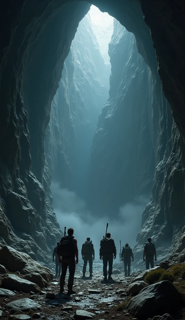 Men arrive at a ULTRA MEGA HYPER large cave