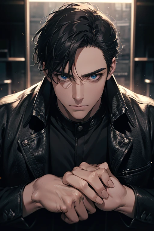 (Best Quality,4k,8k,high resolution,Masterpiece:1.2),ultra detailed,(realist,photorealist,photo-realist:1.37),1 man,31 years,mature man,muscular,square jaw,very handsome,without expresion,short gray black hair,hairstyle,Blue eyes,glare,perfect face without mistakes,imposing posture,collar jacket,leather jacket,dark background,cinematic lighting,imagen HDR