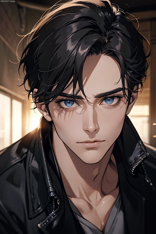 (Best Quality,4k,8k,high resolution,Masterpiece:1.2),ultra detailed,(realist,photorealist,photo-realist:1.37),1 man,31 years,mature man,muscular,square jaw,very handsome,without expresion,short gray black hair,hairstyle,Blue eyes,glare,perfect face without mistakes,imposing posture,collar jacket,leather jacket,dark background,cinematic lighting,imagen HDR