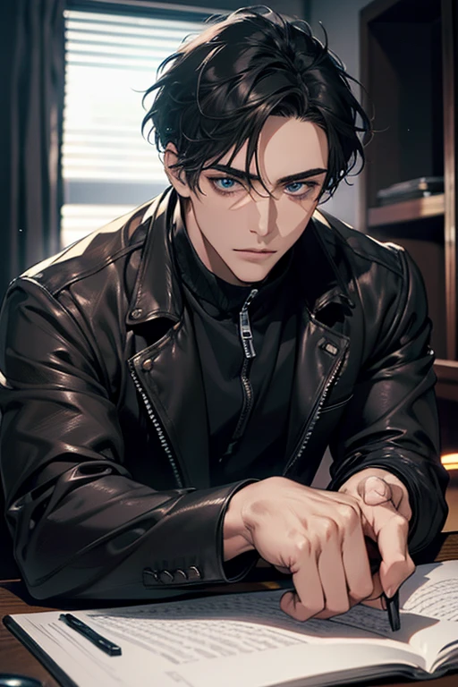 (Best Quality,4k,8k,high resolution,Masterpiece:1.2),ultra detailed,(realist,photorealist,photo-realist:1.37),1 man,31 years,mature man,muscular,square jaw,very handsome,without expresion,short gray black hair,hairstyle,Blue eyes,glare,perfect face without mistakes,imposing posture,collar jacket,leather jacket,dark background,cinematic lighting,imagen HDR