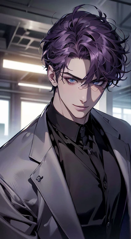 (best quality,4k,8k,highres,masterpiece:1.2),ultra-detailed,(realistic,photorealistic,photo-realistic:1.37),1 man,3,mature man,very handsome,without expression,smile,short purple hair,blue eyes,penetrating gaze,perfect face without errors,imposing posture,businessman,office background,cinematic lighting,hdr image