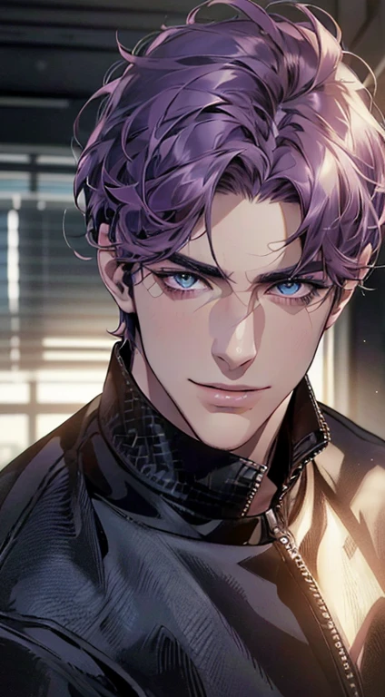 (best quality,4k,8k,highres,masterpiece:1.2),ultra-detailed,(realistic,photorealistic,photo-realistic:1.37),1 man,3,mature man,very handsome,without expression,smile,short purple hair,blue eyes,penetrating gaze,perfect face without errors,imposing posture,businessman,office background,cinematic lighting,hdr image