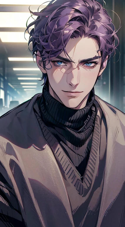 (best quality,4k,8k,highres,masterpiece:1.2),ultra-detailed,(realistic,photorealistic,photo-realistic:1.37),1 man,3,mature man,very handsome,without expression,smile,short purple hair,blue eyes,penetrating gaze,perfect face without errors,imposing posture,businessman,office background,cinematic lighting,hdr image