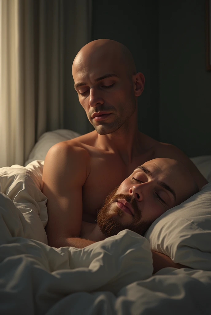 Bald man with another man lying in bed sleeping