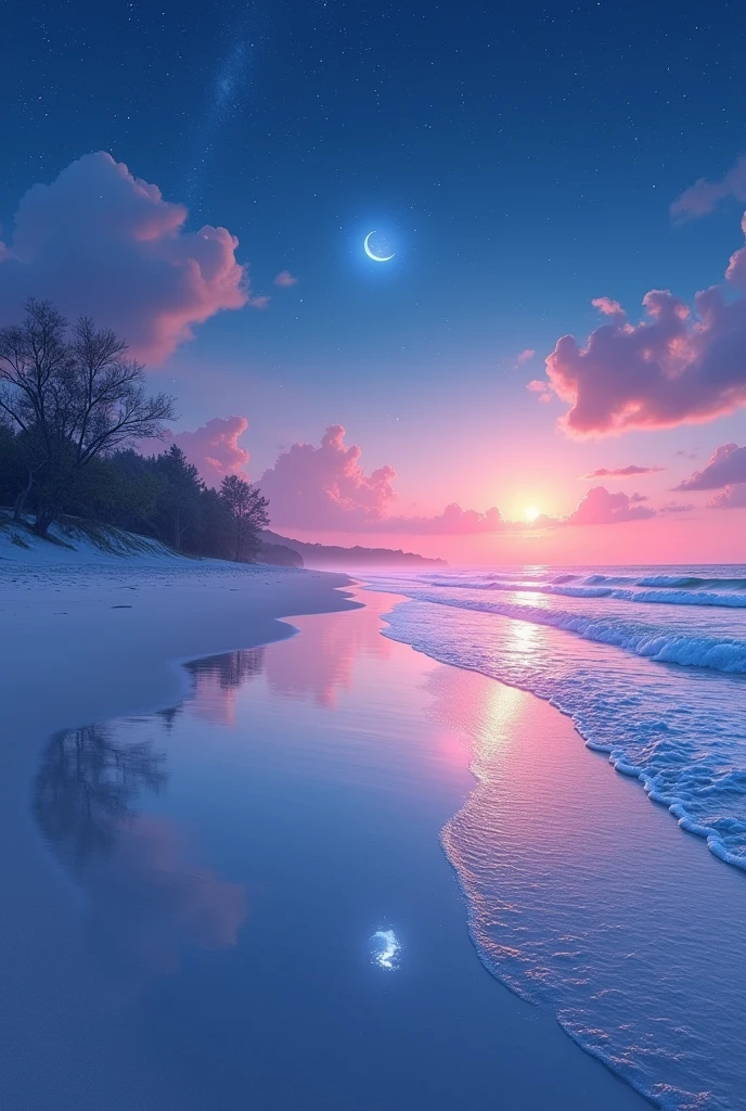 Create a light pastel blue and red beach nightime background, High Resolution, Masterpiece, Detail, nightime, beach, ref and light pastel blue lighting,