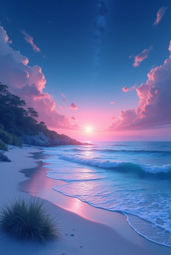 Create a light pastel blue and red beach nightime background, High Resolution, Masterpiece, Detail, nightime, beach, ref and light pastel blue lighting, 