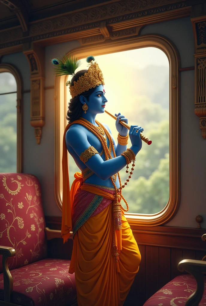 Please create a AI image of god krishna travelling by train to mathura Railway station. 