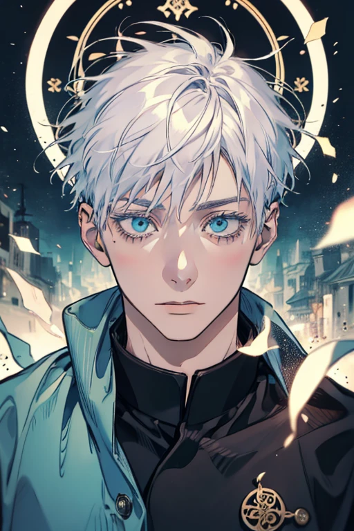 (absurdres, highres, ultra detailed), 1 male, Messy white hair, Aquamarine eyes, White lashes, Looking at the camera, Jujutsu Kaisen, Gojo Gojo, finely detailed eyes and detailed face, the fool \tarot\, bard, clown, Symbolism, Visual art, Occult, Universal, Vision casting, Philosophical, Iconography, Numerology, Popularity, Artistic, Alfons Mucha
