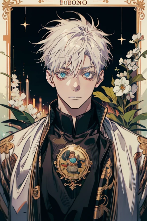 (absurdres, highres, ultra detailed), 1 male, Messy white hair, Aquamarine eyes, White lashes, Looking at the camera, Jujutsu Kaisen, Gojo Gojo, finely detailed eyes and detailed face, the fool \tarot\, bard, clown, Symbolism, Visual art, Occult, Universal, Vision casting, Philosophical, Iconography, Numerology, Popularity, Artistic, Alfons Mucha
