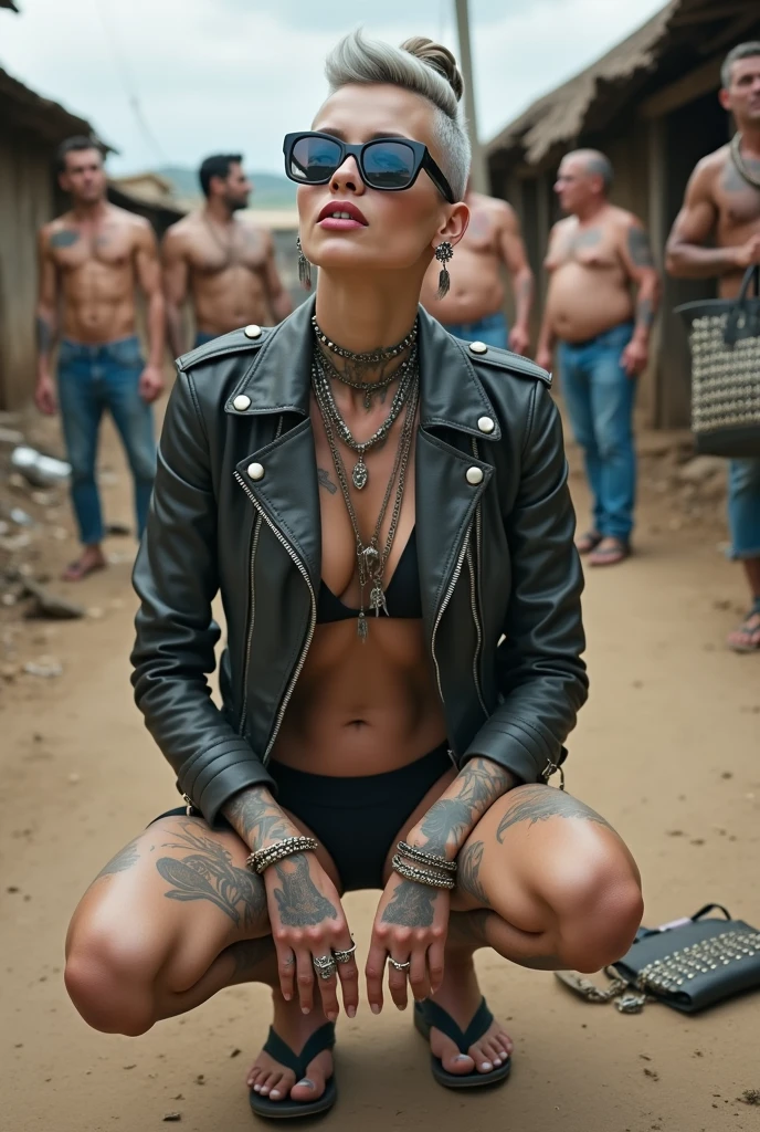 russian milf woman, grey hair (pouf, and top bun and shaved sides) and oversized square maxi sunglasses as headband, with very light blue eyes, extremely pale skin. Wearing tight aged black moto jacket with lots of zippers and pins; shiny black bikini, flip flops . Chain around hips like belts. Dirty knees and dusty hands. Lots of metallic bracelets, lots of boho pendants and lots of colourful beads collars. Long boho earrings with colourful feathers. Chains around the hips. Squatting with hands on her knees, looking up, chin up, stretching her neck , humble facial expression. Hands on her knees, showing off bracelets and rings. studded black leather tote bag with chain  on the floor, next to her..  Listening looking up  in amazement to somebody speaking to her from above, well toned abdominals, thin neck, slim legs and thin arms.  Narrow hips  Cleavage, stomach, neck, tigh and hands completely covered with tattoos.  Dirt street in Kenyan village full of waste. A lot of tanned shirtless fat men in jeans around looking at her. next to her, all her belongings scattered on the floor: tobacco packs, makeup kit, little makeup mirror, studded black leather tote bag, lipstick, wallet, moble etc on the floor