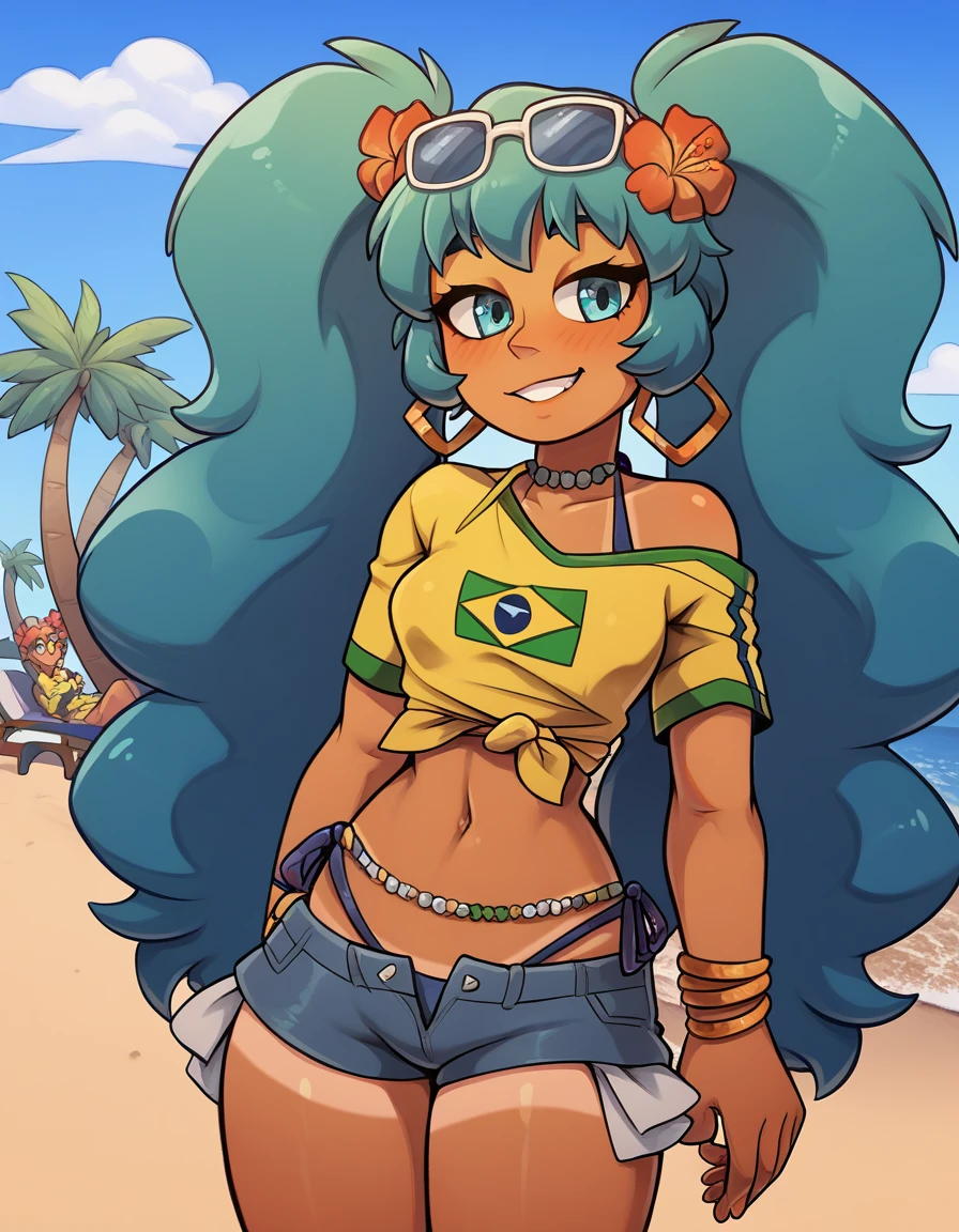 brmeek, twintails, very long hair, dark-skinned female, tanlines, hair flower, hoop earrings, eyewear on head, necklace, yellow shirt, midriff, jewelry, belly chain, bracelet, bikini under clothes, side-tie bikini bottom, short shorts, denim, brazilian flag print, single bare shoulder, side tie, tied shirt. rio de janeiro, Brazil, front to a beach, palm trees, copacabana beach