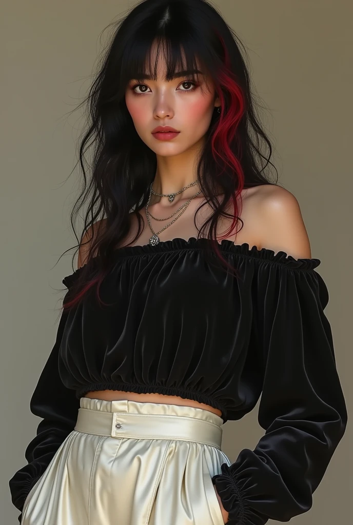 I need a picture of a trans guy with black hair and a red streak, Long-sleeved off-the-shoulder blouse with a white velvet skirt, He has black eyes just like black socks