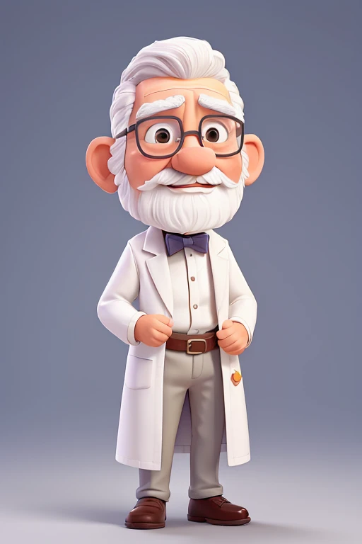 two hands covering both ears so as not to hear, Full-body image, arms raised, hands in the air covering ears, Homem pequeno, To the side, 70 years old, has white hair, white mustache, white bearded, teacher, wearing a white coat and bow tie, use glasses