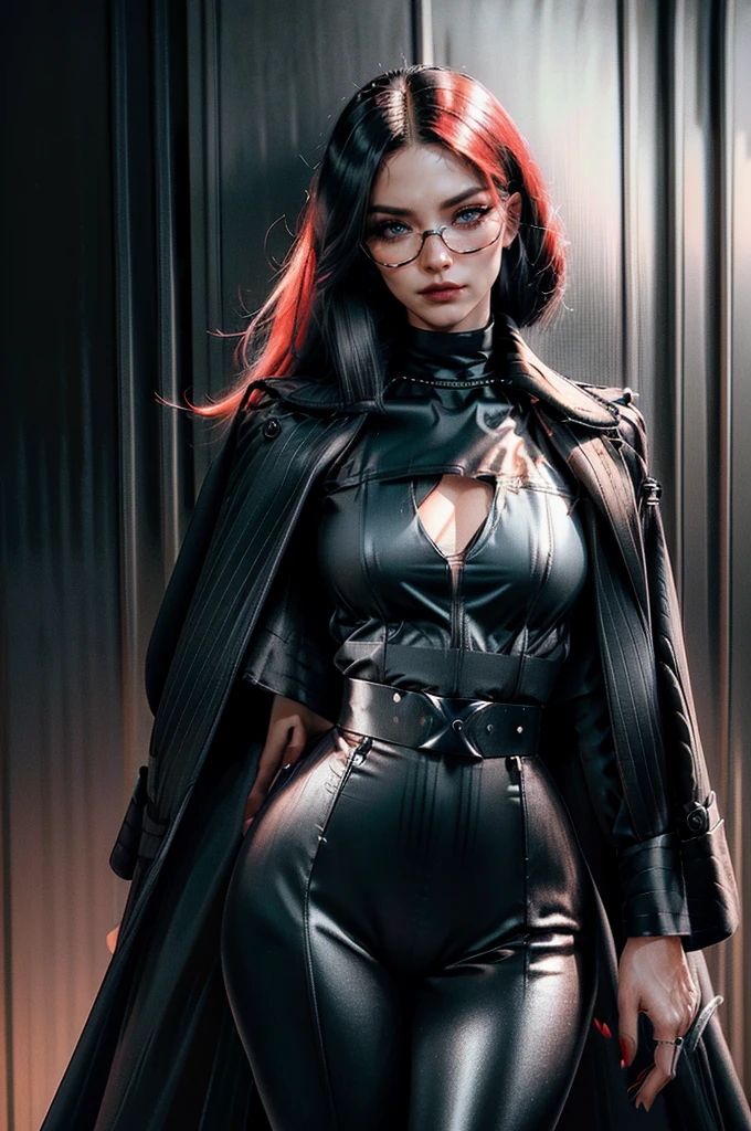 a beautiful young woman with long red hair, slim body, thin waist, narrow hips, detailed facial features, ((wearing high quality high waist black latex pants)), ((wearing formal white colored silk shirt with cleavage and long sleeves)), ((wearing black fur coat)), ((coat on shoulders)), ((red lining)), ((double luxury waist belt)), ((slightly red tinted glasses)), ((expensive reflective silk scarf)), holding a handbag, hand on waist, (best quality,4k,8k,highres,masterpiece:1.2),ultra-detailed,(realistic,photorealistic,photo-realistic:1.37),high fashion,editorial,dramatic lighting,cinematic,vivid colors,intricate details, glamorous